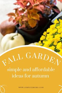 fall garden with yellow flowers and pumpkins in the background text overlay reads, simple and adorable ideas for autumn