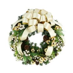 a christmas wreath with white bows and pine cones on it, decorated with gold bells