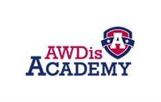 the awdis academy logo is shown in red and blue, on a white background