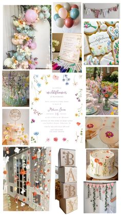 a collage of photos with flowers and balloons in the background, including an elaborate cake