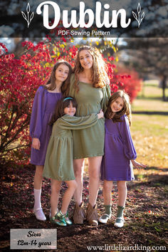 three girls in purple dresses posing for the camera with their arms around each other and text that reads, dublin