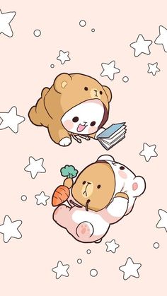 two teddy bears flying through the air with food on their backs and stars in the background