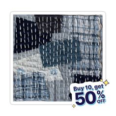 the sale is up for 50 % off and it has an image of blue fabric with white