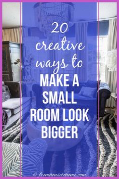 a living room with zebra print rug and chandelier in the background text reads 20 creative ways to make a small room look bigger