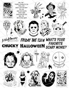 the poster for chucky's halloween movie is shown in black and white, with various