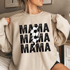 "Soccer Mama Sweatshirt, Soccer Mom Shirt, Womens Soccer Shirt,Distressed Mama Thunderstruck,Mama Lightning Bolt Shirt,Mama Sweater,Sport Mom Thank you so much for taking the time to browse my shop. Please feel free to reach out if you have any questions before or after purchasing.  💖 🎨Warning: On products with a print chart in the listing, metallic print colors are printed as matte. We design and cut each graphic out with a soft touch, use matte vinyl and a heat press. The result will last fo Soccer Mom Sweatshirt, Sport Mom, Soccer Mom Shirt, Mama Sweater, Mom Sweater, Soccer Shirt, Metallic Prints, Soccer Mom, Mama Sweatshirt