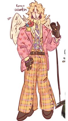 a drawing of a man in a pink jacket and plaid pants with an angel on his shoulder