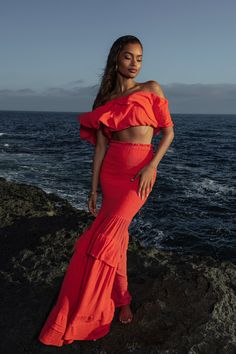 Coral Sienna Ruffled Skirt Set - JLUXLABEL Sea Skirt, One Shoulder Dress Long, Strapless Crop Top, Crochet Maxi Dress, Crochet Maxi, Corsets And Bustiers, Ruffled Skirt, Accessories Collection, Draped Dress