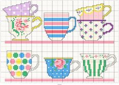 cross stitch pattern with four different mugs on the same side and one has flowers in them