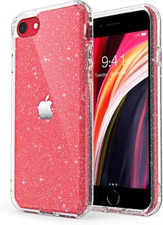 an iphone case with pink glitter on the back and side, in front of a white background