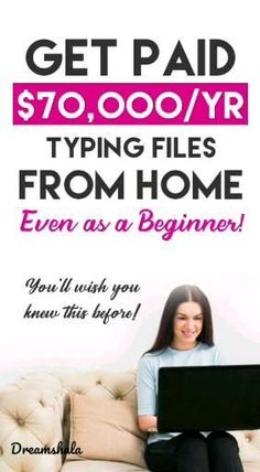 a woman sitting on top of a couch with a laptop in front of her and the text get paid $ 10, 000 / yr typing files from home even as a beginner