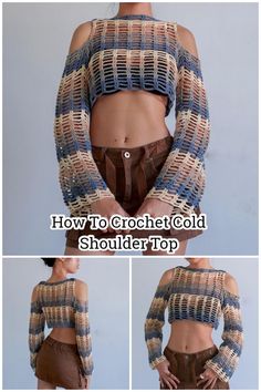 an image of a woman with her hands on her hips and the words crochet cold shoulder top