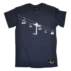 a blue t - shirt with an image of a cable car on it's side