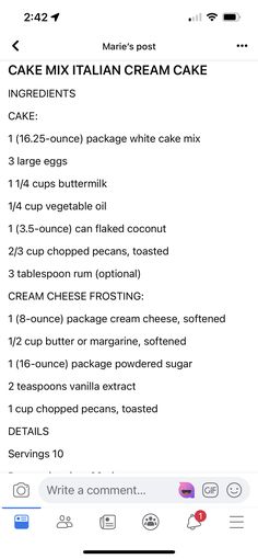 an iphone screen showing the recipe for cake mix italian cream cake with ingredients on it