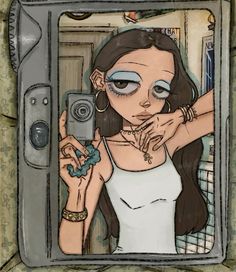 a drawing of a woman taking a selfie in front of a mirror with her phone