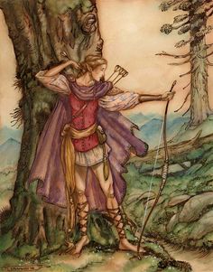 a painting of a man standing in front of a tree holding a bow and arrow