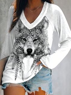 3d Digital Wolf Printed Long Sleeve V-neck T-shirt Multicolor Casual  Long Sleeve Knitted Fabric Animal  Slight Stretch  Women Clothing, size features are:Bust: ,Length: ,Sleeve Length: Wolf Print, Fabric Animals, Long Sleeve Knit, All Fashion, Women Clothing, Fashion Inspiration, Womens Tees, V Neck T Shirt, Length Sleeve