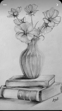 a pencil drawing of flowers in a vase on top of books