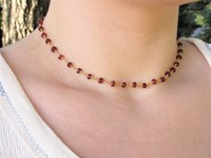 "Garnet Rosary Choker, Stone Gemstone Chain, Layering Beaded Necklace, Dainty Garnet Choker, Delicate Boho Trendy Jewelry, January Birthstone The beautiful 14 inch natural Garnet 24K GP gemstone choker is a wonderful Boho piece! The Garnets on this chain are much LARGER the the usual 3mm gemstone chain - it is lovely!. Beautiful vibrant faceted Garnet sparkle fabulously in the sunlight. This trendy choker is a perfect addition to your wardrobe! Wear it alone or layer it with other necklaces and Gold Choker With Gemstone Beads For Gift, Gold Choker With Gemstone Beads As Gift, Chain Layering, Trendy Chokers, Layered Beaded Necklaces, Gemstone Choker, Boho Choker, January Birthstone, Trendy Boho