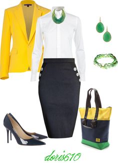 "Classic" by doris610 on Polyvore, without the right yellow jacket, I just don't do that much yellow Look Jean, Wardrobe Outfits, Professional Attire, A Skirt, Work Looks, Komplette Outfits, Business Attire