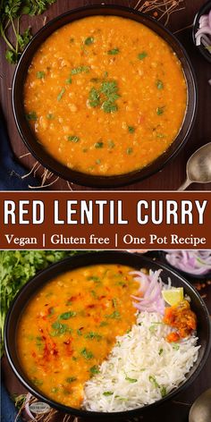 two bowls of red lentil curry with white rice and cilantro on the side