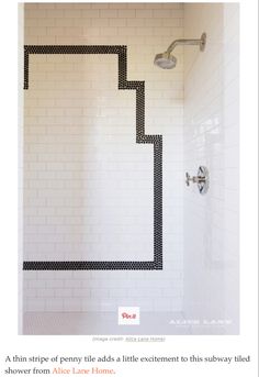 a bathroom with black and white tile on the shower wall