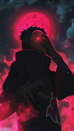 an anime character standing in front of a red sun with his hand on his head