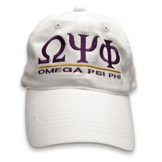 a white hat with purple letters on the front and bottom, embroidered onto it's peak