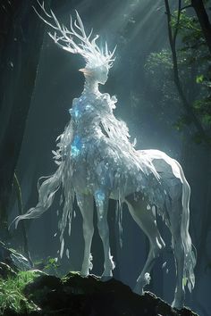 a white horse standing on top of a lush green forest