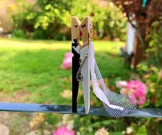 two pairs of clothes pegs are hanging on a wire in front of some flowers