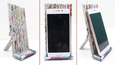 three different angles of a cell phone in a holder with papers all over the sides