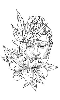 a drawing of a woman's face with flowers in her hair and leaves around her neck