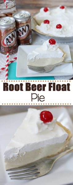 a slice of root beer float pie on a white plate with a fork and can in the background