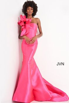 JVN00650 One Shoulder Mermaid Prom Dress Dress References, Pink Pictures, Rose Fushia, Ruffle Prom Dress, Pageant Gown, Straight Across Neckline, Gorgeous Prom Dresses, Prom Dresses Long Mermaid, Dress Colors