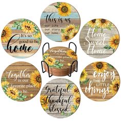 PRICES MAY VARY. Package Contains: you will receive 6 sunflower drink coasters printed with different words and a metal holder, each sentence on the coaster represents a different but positive meaning; The enough quantities and styles can satisfy your needs in daily life, and they can also be applied as gifts to send to others Quality Material: the rustic sunflower drink coaster is mainly made of medium density fiberboard with UV printing, lightweight, not easy to deform or break, and the cork o Sunflower Drink, Coasters With Holder, Vintage Sunflower, Coaster Art, Absorbent Coasters, Christmas Farmhouse, Home Office Decoration, Tea Coaster, Gifts For Christmas