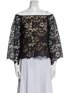 Alice + Olivia Silk Crop TopBlackLace PatternEmbroidered AccentThree-Quarter Sleeve with Off-The-ShoulderFit:Tops by Alice + Olivia typically fit small, consider taking a size up. Pattern Crop Top, Patterned Crop Top, Silk Lace, Lace Pattern, Alice Olivia, Quarter Sleeve, Print Patterns, Crop Top, Take That