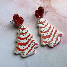 Brand New Christmas Tree Cake Earrings 3d Shaped Trees: Hard Plastic Type Hearts Are Red Glitter Straight Post Backings With Gel Earring Backs No Individual Tags Cake Earrings, Little Debbie, Tree Cake, Christmas Tree Cake, Mixed Metal Earrings, Costume Jewelry Earrings, Jade Earrings, Purple Earrings, Fall Earrings