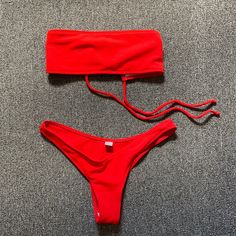 Brand New, Never Worn Bandeau Bikini Top With Tie Detail In Back Super Cheeky Bottoms From Amazon Red Bandeau Swimwear For Sunbathing, Red Bandeau Swimwear For Beach, Red Strapless Swimwear For Beach Season, Red Strapless Swimwear For Beach Party, Amazon Essentials, Womens Swim, Swimming, Brand New, Red