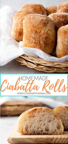 homemade crabata rolls in a wicker basket on a cutting board with text overlay