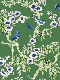 blue birds and white flowers on a green background