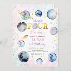 a pink and blue birthday party card with planets on the front, stars in the background