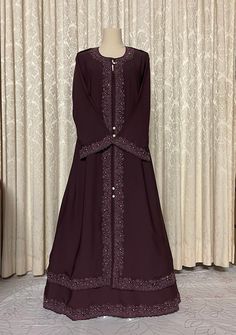 Elegant beautiful embroidery and stonework wine color abaya with front double bottom embroidered finish.  Soft, lightweight flowy fabric suitable for all weather conditions, best pick for hot summer temperatures.  Front closed burqa with decorative shiny stone buttons in super high premium quality fabric. Available in size 52. (This abaya does not come with a matching scarf.) Traditional Purple Abaya For Eid, Elegant Abaya With Chikankari Embroidery For Eid, Purple Long Sleeve Wedding Abaya, Color Abaya, Stone Buttons, Summer Temperature, Head Coverings, Flowy Fabric, Wine Color