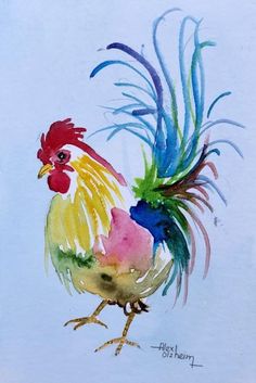 a watercolor painting of a colorful rooster