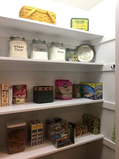 the shelves are filled with different types of food