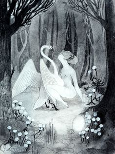 two swans in the woods, one is touching another's head with his hand