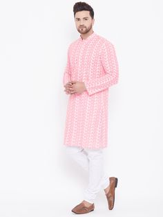 VASTRAMAY Pink Pure Cotton Kurta Chikankari Pyjama Baap Beta Set A stunning addition to your ethnic wardrobe, this pink pure cotton kurta set with intricate chikankari work is perfect for special occasions. Key Features: Color: Pink Fabric: Pure Cotton Design: Chikankari Set Includes: Kurta and Pyjama Specifications: Available Sizes: S, M, L, XL, XXL Occasion: Festive, Party Wash Care: Hand Wash or Dry Clean Only Material & Care: This kurta set is made of pure cotton, ensuring comfort and breathability. To maintain its quality, it is recommended to hand wash or dry clean only. Legal Disclaimer: The product is guaranteed to be 100% genuine. Product images are for illustrative purposes only. Images/packaging/ labels may vary from time to time due to changes made by the manufacturer's manufac Pink Bollywood Style Kurta For Festivals, Pink Long Sleeve Sets For Diwali, Pink Straight Kurta Sherwani For Diwali, Pink Straight Kurta Sherwani For Festivals, Pink Straight Kurta For Festive Occasions, Pink Sherwani Straight Kurta For Diwali, Diwali Pink Sherwani Straight Kurta, Pink Straight Sherwani For Diwali, Pink Straight Sherwani For Festivals