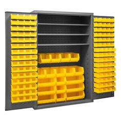 yellow plastic bins are on the shelves in this storage unit