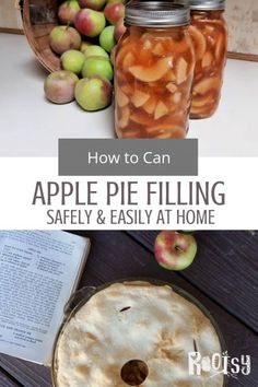 an apple pie sitting on top of a wooden table next to jars filled with apples