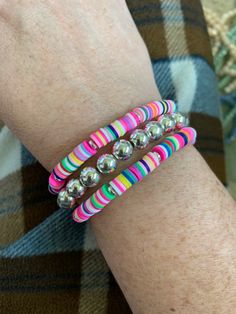 Colorful polyner clay beads make up this fun bracelet stack! Fun Bracelet, Swarovski Crystal Bracelet, Wire Wrapped Bracelet, Arm Party, Sterling Silver Wire Wrap, Handmade Beaded Jewelry, Pink Bracelet, Clay Beads, Jewellery Making