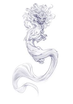 a pencil drawing of a mermaid with her tail curled up and hair blowing in the wind